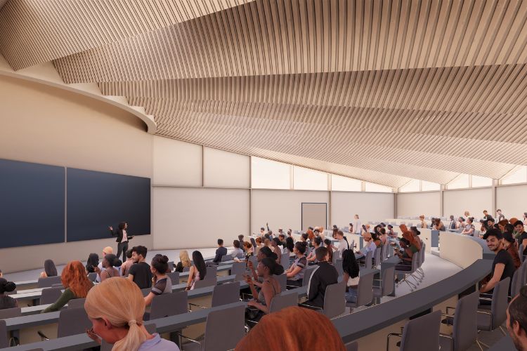 A digital impression of the ‘New College’ lecture theatre, below ground level: WilkinsonEyre